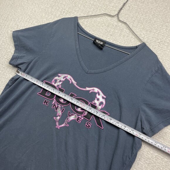 Y2K VTG Buck Knives Gray V Neck T Shirt Women's XXL Goth Holographic Heart Cyber - Picture 10 of 16